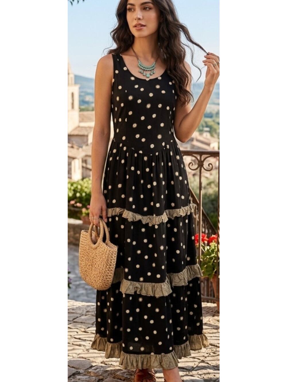 Adorable Unworn Vintage Cactus Flower Boho Ruffle Sundress w/ Cinching Tie Back